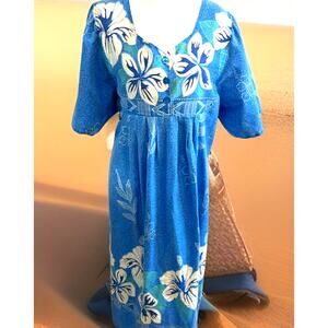 VTG Anthony Richards Hawaiian Dress MuuMuu BLUE Floral Midi Boho Pockets Large